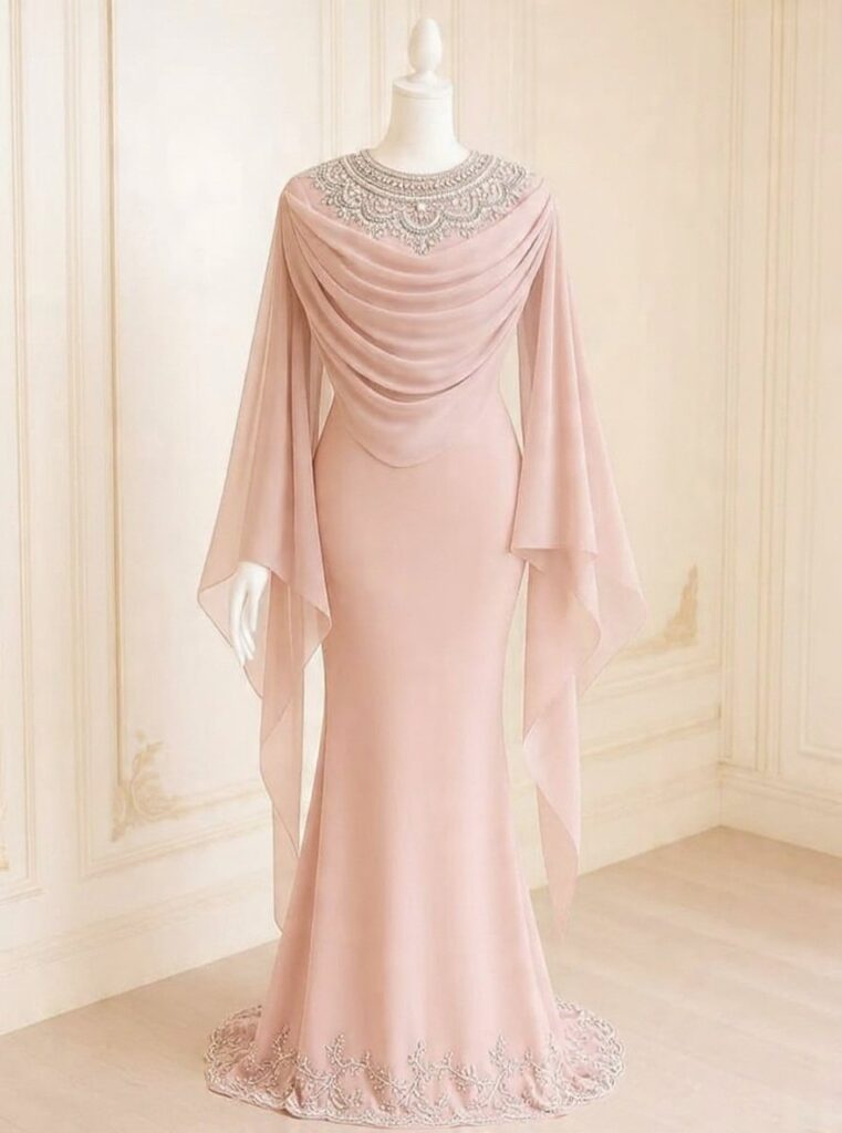 Dusty pink Mermaid Gown with Cape sleeves